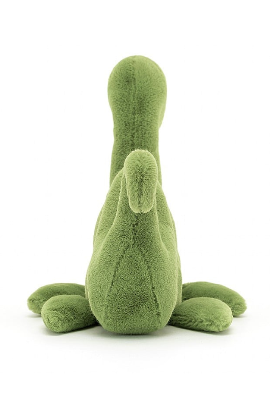 Jellycat Nessie Nessa. A green loch ness monster soft toy with wiggly body, fins, and curly tail.
