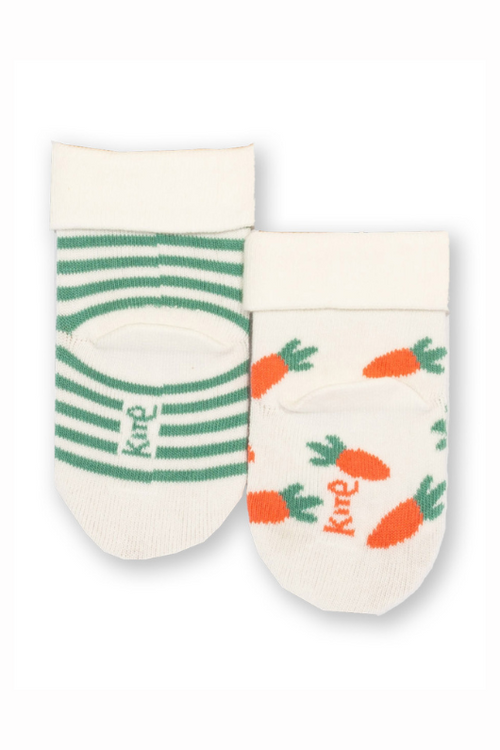 Kite Socks. Two pairs of socks, one with green striped print and bunny face, the other with orange carrot print. These socks have turn-down tops.