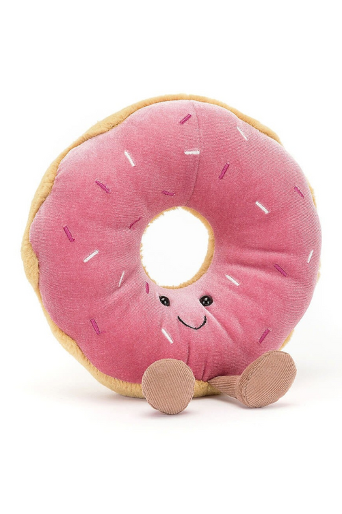 Jellycat Amuseable Doughnut. A soft toy doughnut with pink 'icing', sprinkles, and a smiling face.