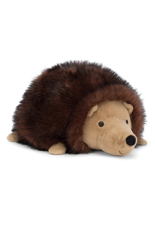 Jellycat Hamish Hedgehog. A soft toy hedgehog with fluffy brown spines, cute little paws, and smiling face.