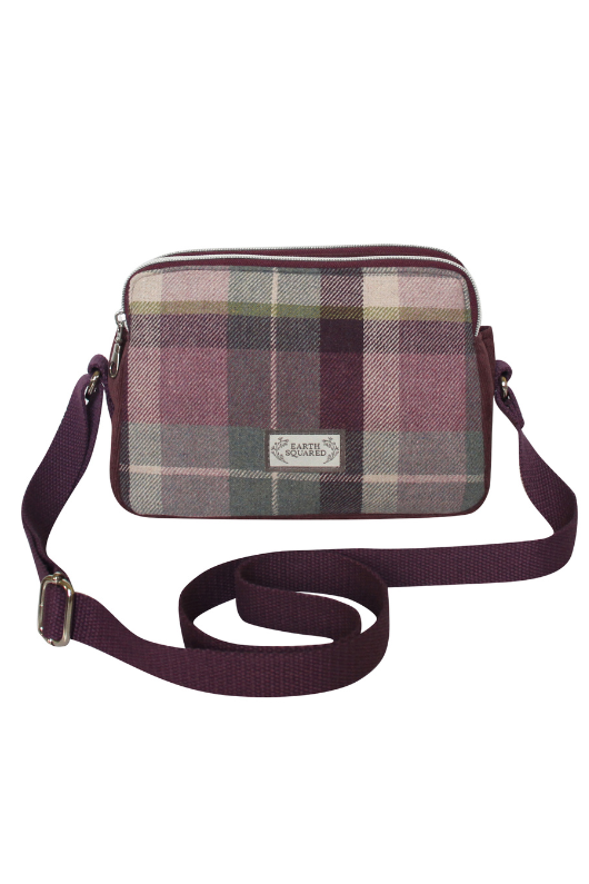 Earth Squared Anna Bag. A small crossbody bag with adjustable strap and tweed design in the style Purple.