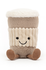 Jellycat Amuseable Coffee-To-Go. A soft toy coffee cup with brown fur, legs, and smiling face.