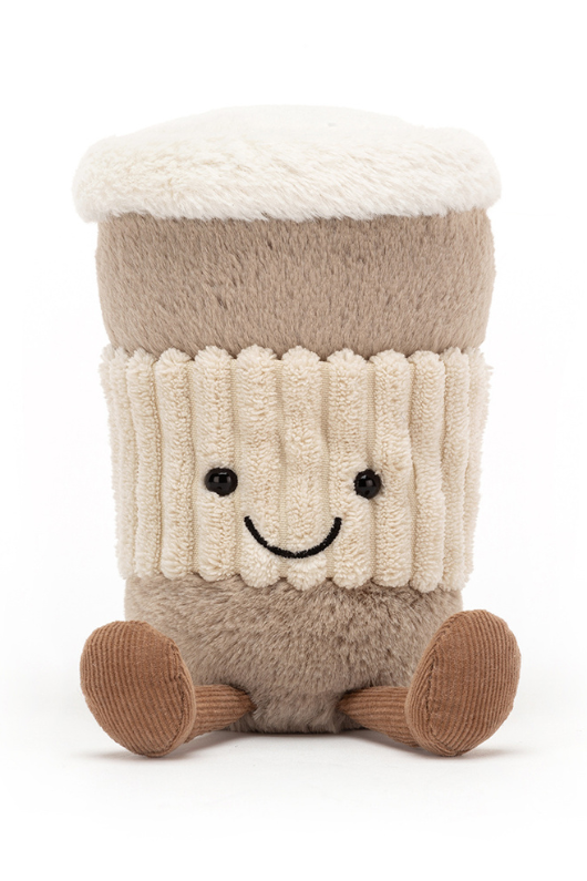 Jellycat Amuseable Coffee-To-Go. A soft toy coffee cup with brown fur, legs, and smiling face.