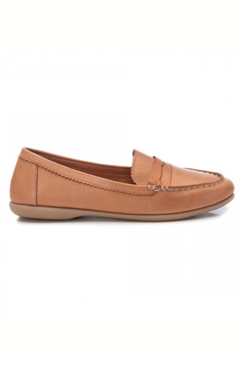 Carmela Leather Loafer. A pair of moccasin style, camel coloured loafers with non-slip sole.