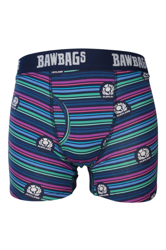 An image of the Bawbags Rugby Lines Boxers with striped print and Scotland Rugby logos.
