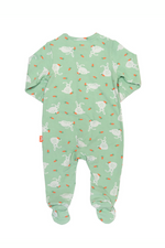 Kite Sleepsuit. A green sleepsuit featuring a bunny print, with poppers on the legs and scratch mitts up to 6 months.