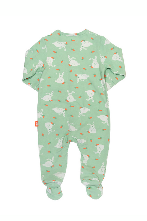 Kite Sleepsuit. A green sleepsuit featuring a bunny print, with poppers on the legs and scratch mitts up to 6 months.