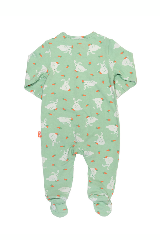 Kite Sleepsuit. A green sleepsuit featuring a bunny print, with poppers on the legs and scratch mitts up to 6 months.