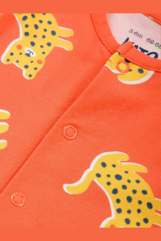 Kite Sleepsuit. An orange leopard print sleepsuit with poppers and built in scratch mitts up to 6 months.