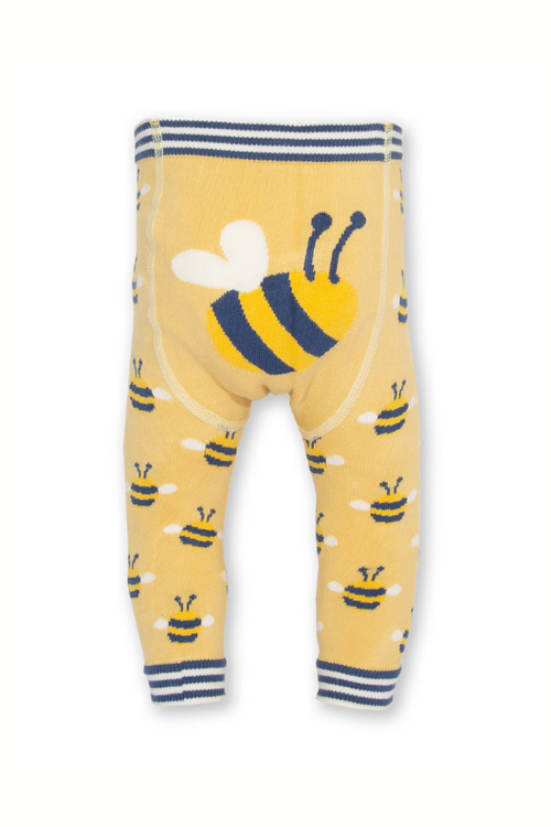 Kite Knit Leggings. A pair of yellow knit leggings with bumble bee print and striped cuffs.