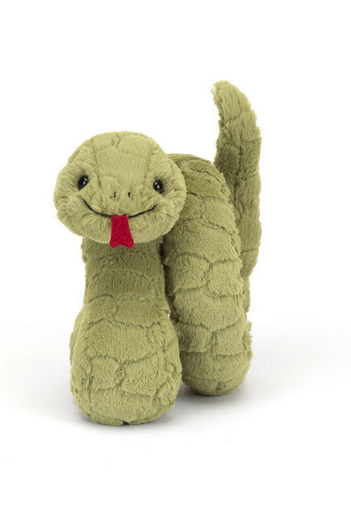Jellycat Stevie Snake. A coily, cuddly toy snake with soft green fur and red tongue.