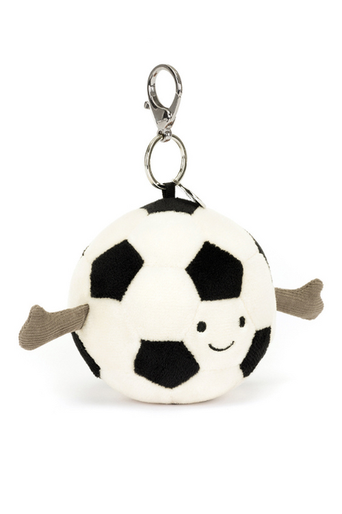 Jellycat Amuseable Sports Football Bag Charm. A black & white football soft toy with claw clasp and Jellycat tag.