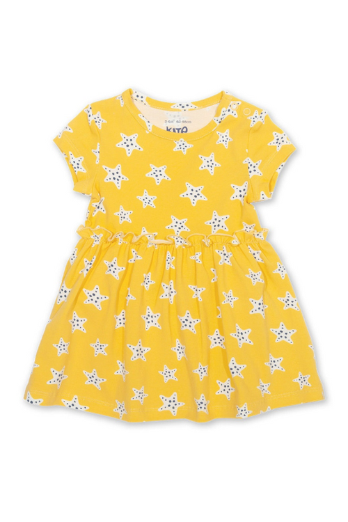 Kite Bodydress. A yellow starfish print dress and bodysuit in one with short sleeves.