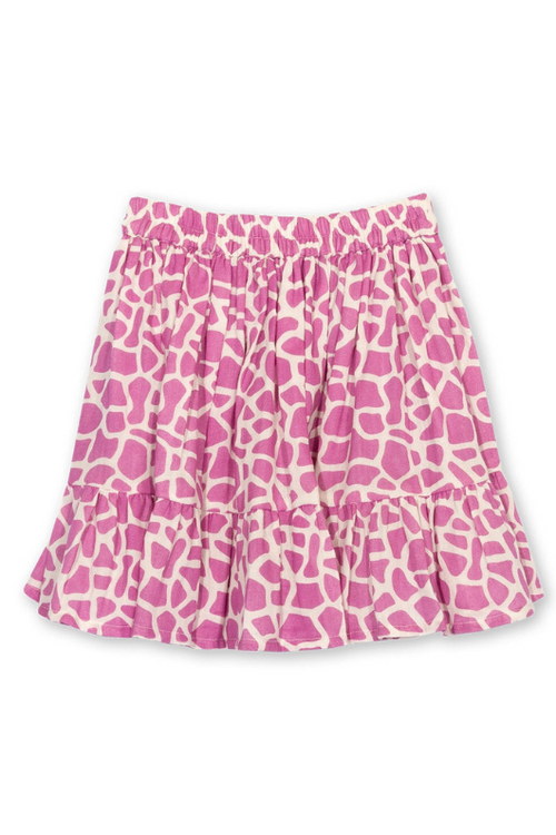 Kite Skirt. A frill hem skirt with elasticated waistband made from double-layer muslin fabric, in a pink giraffe print.