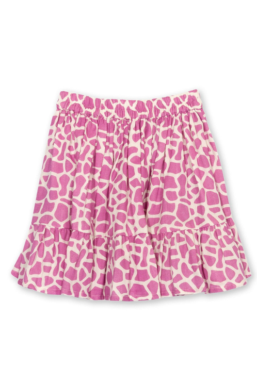 Kite Skirt. A frill hem skirt with elasticated waistband made from double-layer muslin fabric, in a pink giraffe print.