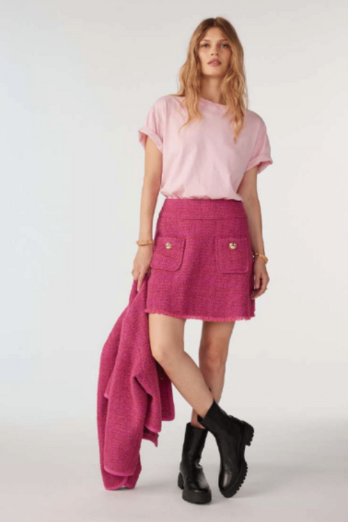 An image of a female model wearing the BA&S Rosie Short-Sleeved T-Shirt in the colour Pink.