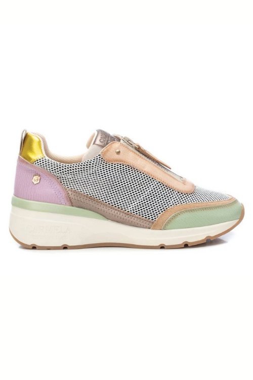 Carmela Trainer. A shiny, multicoloured leather trainer with non-slip sole.