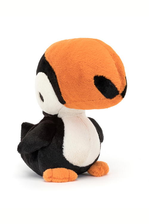 Jellycat Bodacious Beak Toucan. A soft toy toucan with big orange beak and black and white fur.