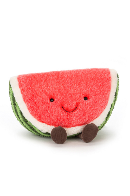 Jellycat Amuseable Watermelon. A soft toy watermelon with pink fluffy fur, stripy green base, smiling face, and little brown legs.