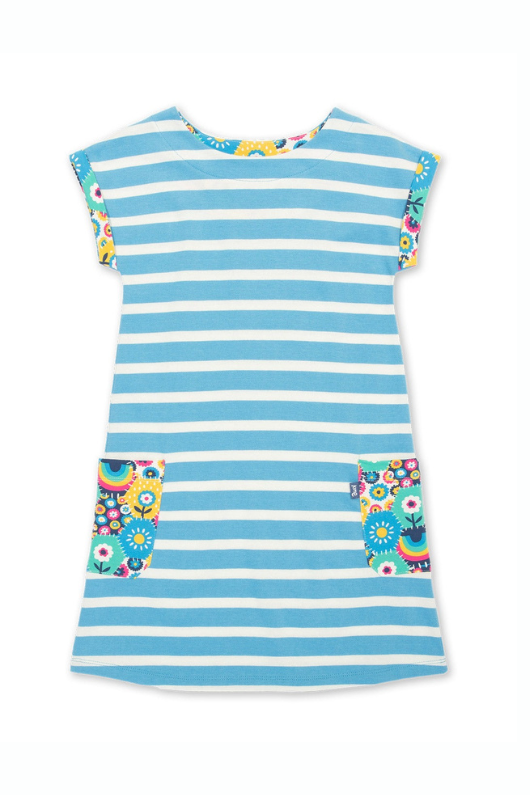 Kite Dress. A short sleeve, round neck dress with blue and white striped print and multicoloured contrasting pockets and hems.