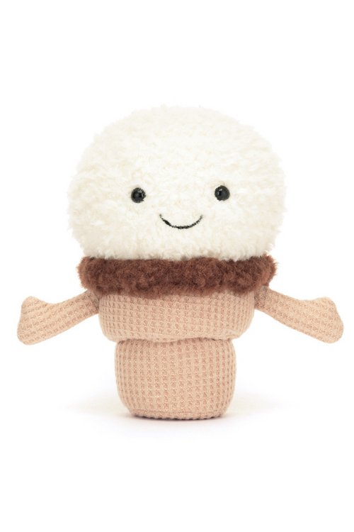 Jellycat Amuseable Ice Cream Cone. A soft toy with scoop of ice cream, waffle cone with arms, and smiling face.