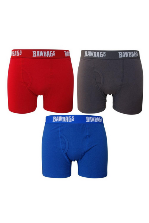 An image of the Bawbags Colour Block 3-Pack Cotton Boxer Shorts in the colour Red, Grey, and Blue.