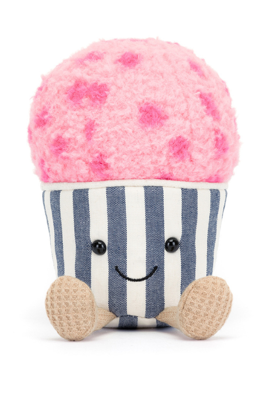 Jellycat Amuseable Gelato. A soft toy with pink gelato scoop, waffle feet and striped blue and cream tub.