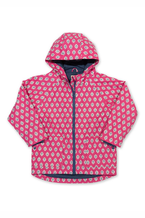 Kite Splash Coat. A waterproof, windproof splash coat with hood, pockets and zip closure. This coat features a pink fleur print and soft jersey lining.