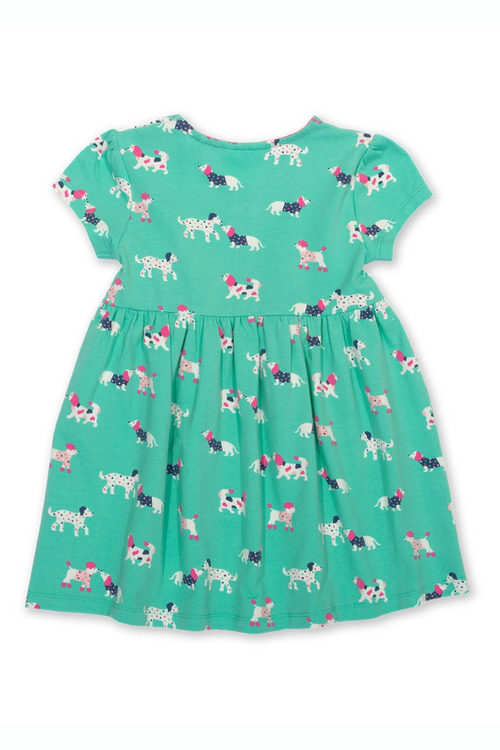 Kite Dress. A short sleeve dress with round neckline and floaty skirt, featuring a duck egg colour and dog print design.