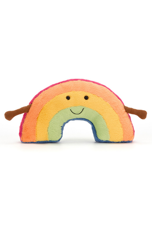 Jellycat Amuseable Rainbow. A soft toy rainbow with little arms and smiling face.