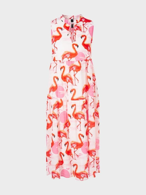 Marc Cain Flamingo Tiered Dress. A midi length sleeveless dress with tie neck, cut-out detail and pink/red flamingo print.