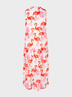 Marc Cain Flamingo Tiered Dress. A midi length sleeveless dress with tie neck, cut-out detail and pink/red flamingo print.