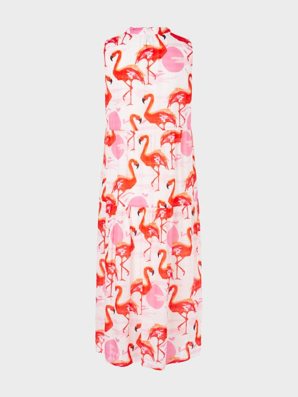 Marc Cain Flamingo Tiered Dress. A midi length sleeveless dress with tie neck, cut-out detail and pink/red flamingo print.