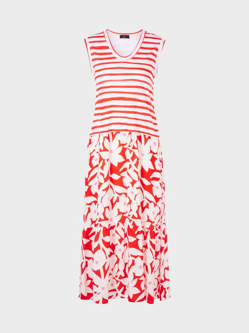 Marc Cain Striped Top Sleeveless Dress. A midi length dress with U-neckline, striped top, and floral print bottom. In the colour Tomato.
