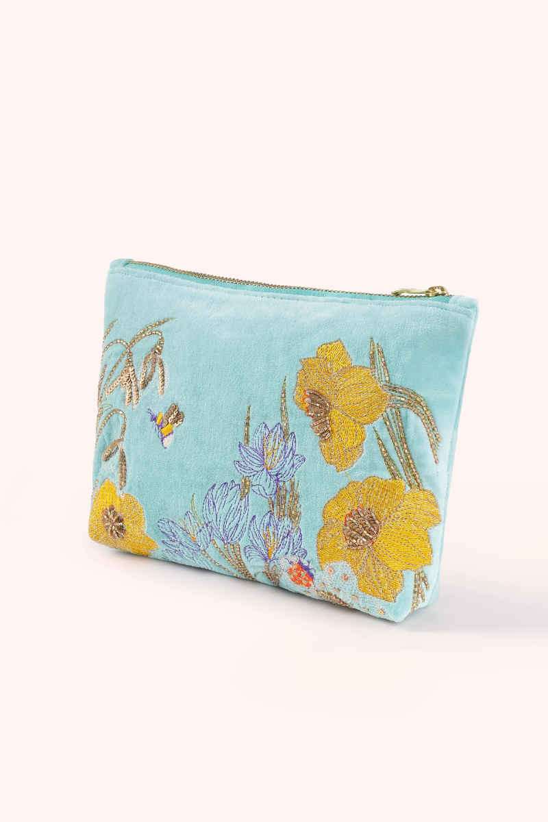 An image of the Powder Velvet Embroidered Zip Pouch