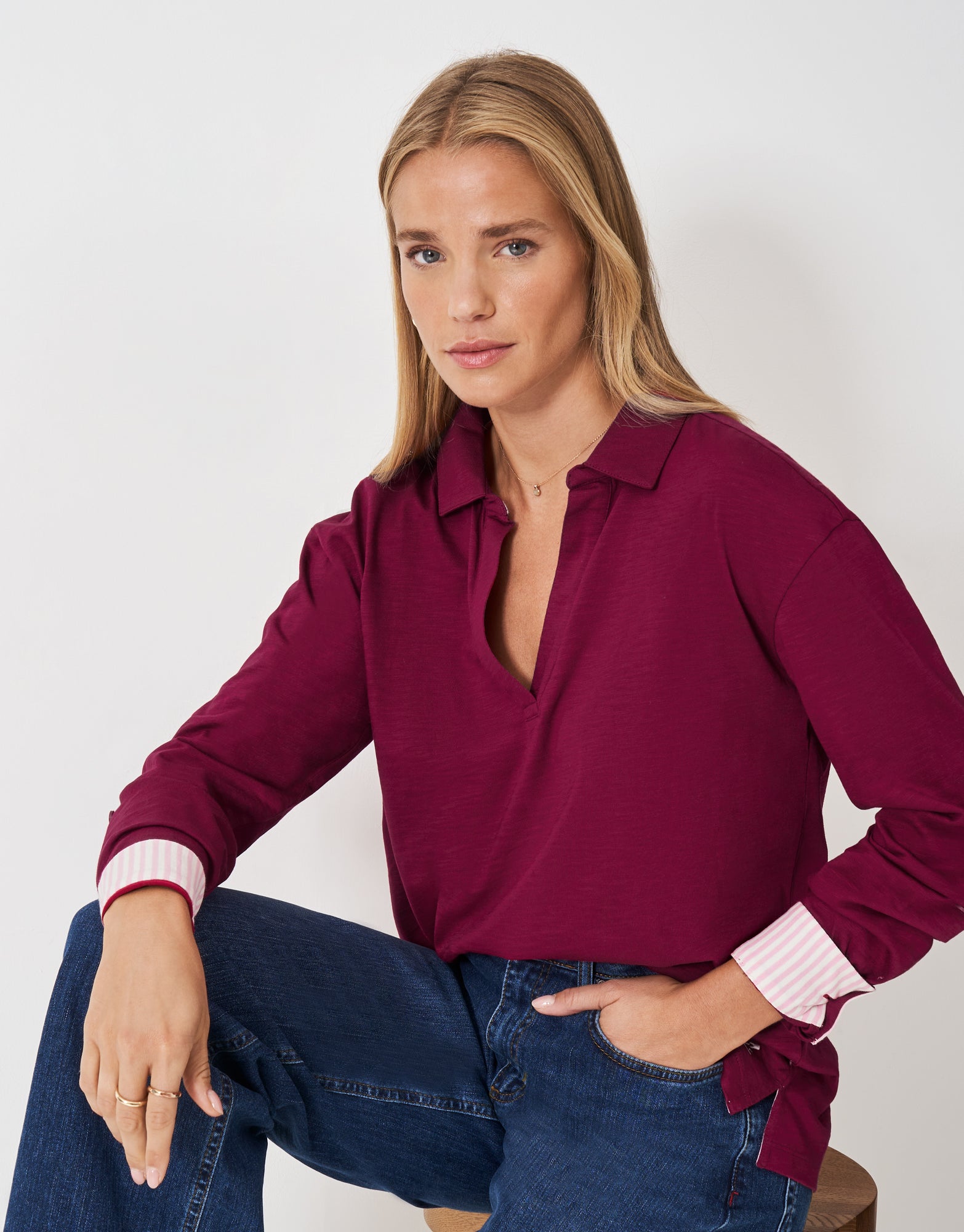 An image of the Crew Clothing Flip Collar Slub Top