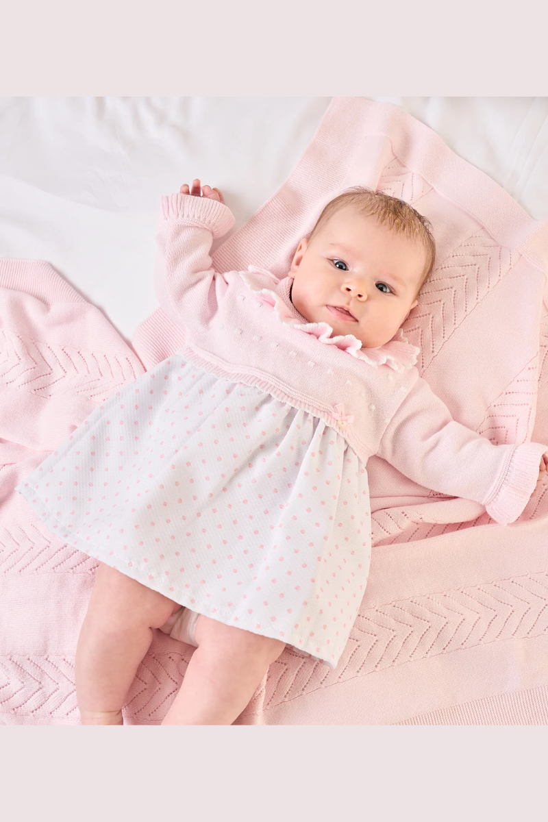 Dandelion Spotty Dress with Ruffle Collar. A long sleeve dress with ruffle collar and pink polka dot print.