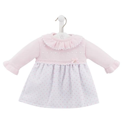 Dandelion Spotty Dress with Ruffle Collar. A long sleeve dress with ruffle collar and pink polka dot print.