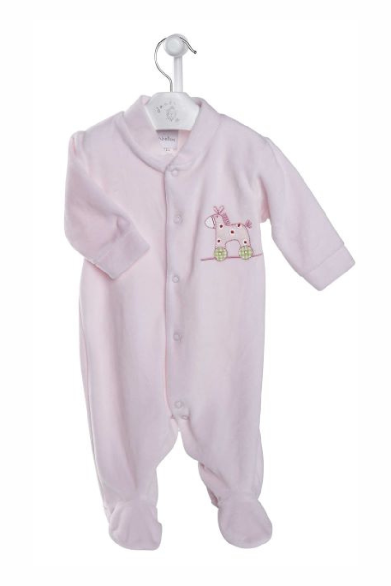 Dandelion Rocking Horse Suit. A long sleeve sleepsuit with rocking horse embroidery in the colour pink.