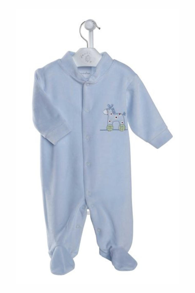 Dandelion Rocking Horse Suit. A long sleeve sleepsuit with rocking horse embroidery in the colour blue.