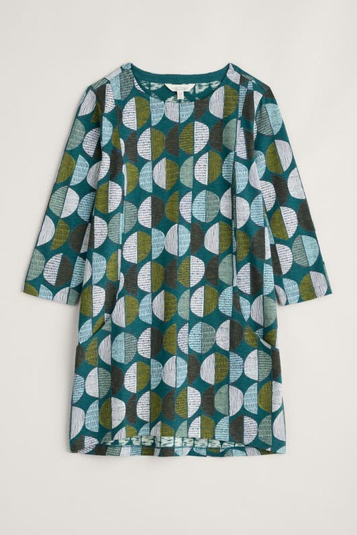 Seasalt Shore Foraging Tunic. A relaxed fit tunic with round neck, angled pockets, and green multicoloured circular print.