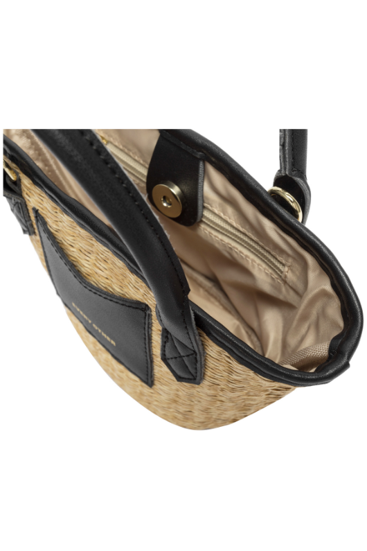 Every Other Straw Rattan Grab Bag. A small raffia bag with black faux leather details, top handles, crossbody strap, and fully lined interior with zip pocket.