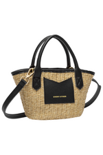 Every Other Straw Rattan Grab Bag. A small raffia bag with black faux leather details, top handles, crossbody strap, and fully lined interior with zip pocket.