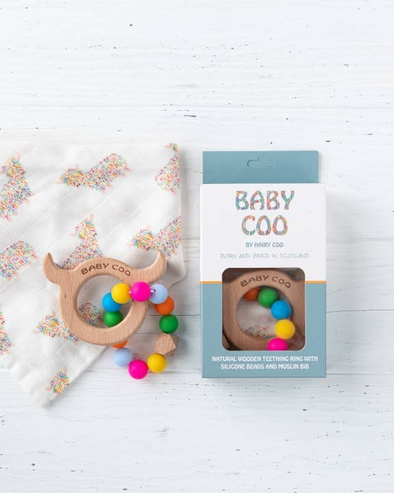 An image of the Hairy Coo Highland Cow Teething Set