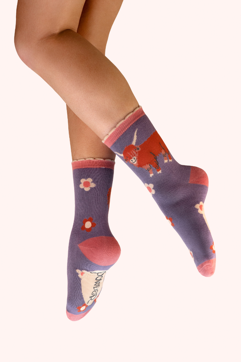 Highland Cow Ankle Socks - Purple