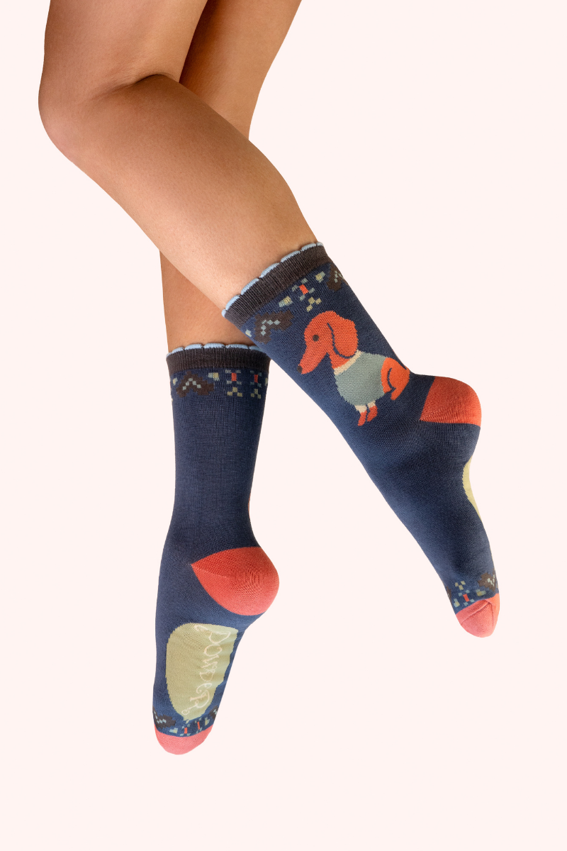 Snuggle Sausage Dogs Ankle Socks - Denim