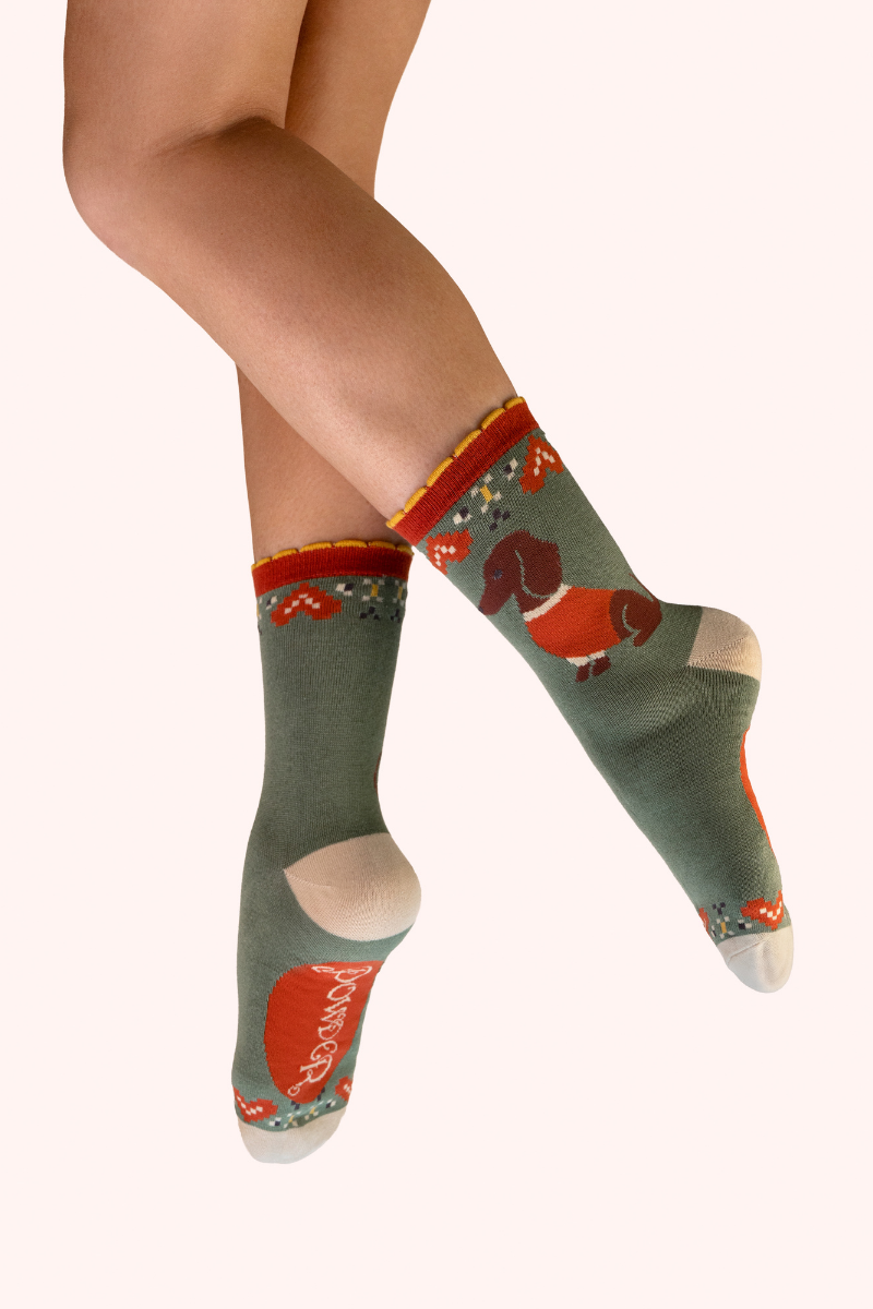 Snuggle Sausage Dogs Ankle Socks - Olive
