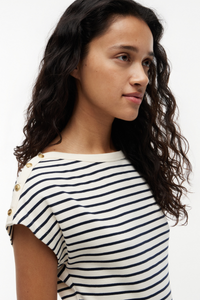 Gold-Tone Button Boat Neck T-Shirt