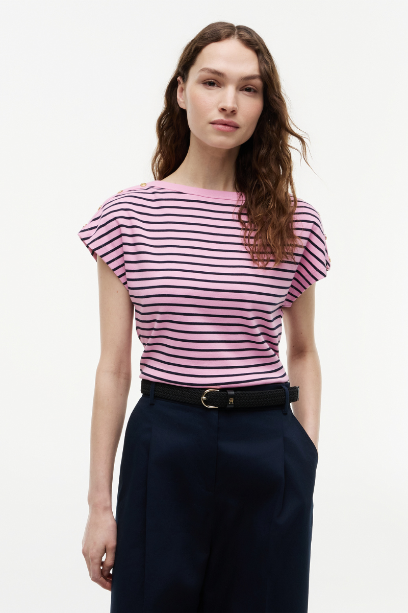 Gold-Tone Button Boat Neck T-Shirt