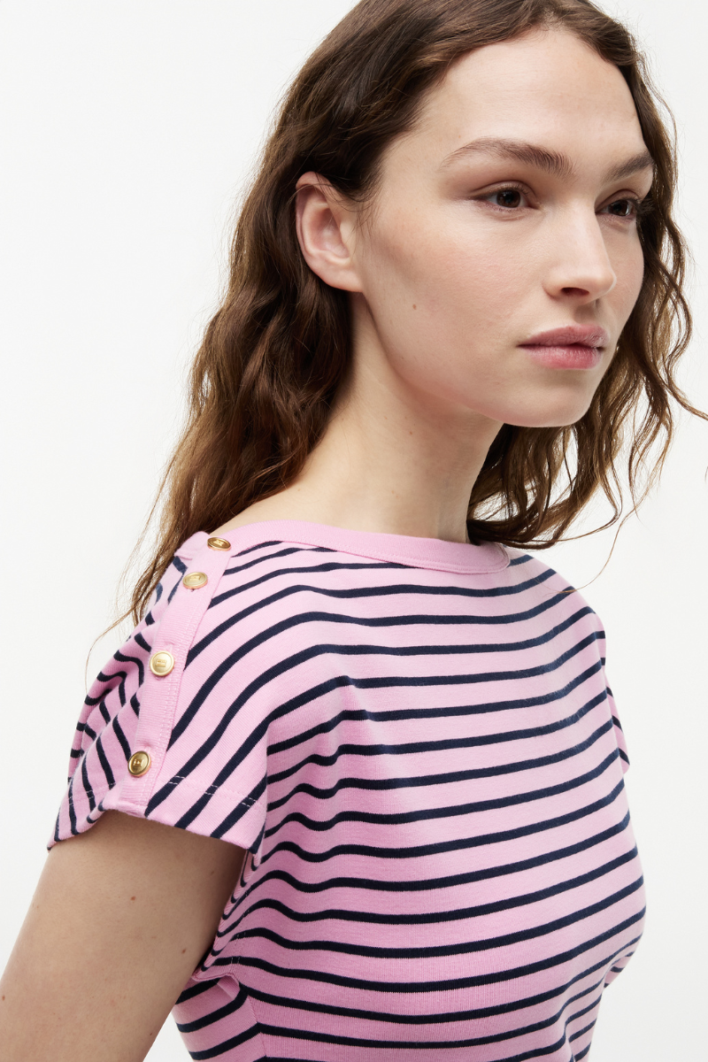Gold-Tone Button Boat Neck T-Shirt